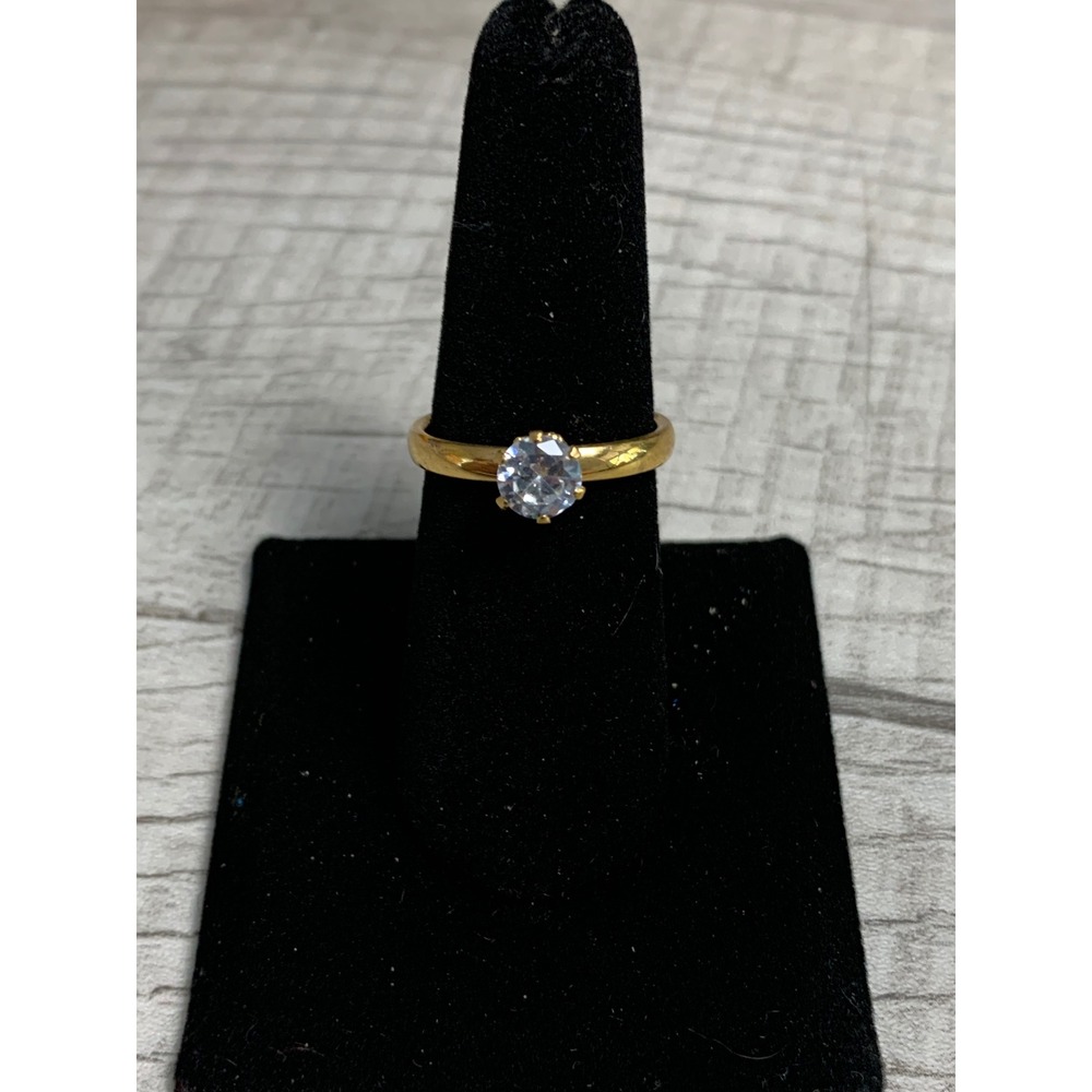 Gold Tone Round Cut Clear Cubic Zirconia Solitaire Ring Size 8.25